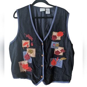 Vintage 90s Bobbie Brooks Fall Leaves Embroidered Corduroy Vest Size 18W/20W